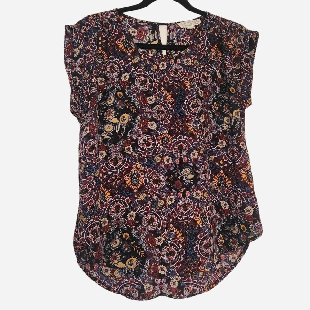Pink Rose short sleeve multi-colored boho floral print blouse size S